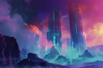 Wall Mural - Futuristic Cityscape with Illuminated Towers and a Misty Atmosphere