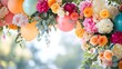 © Jittapon - Vibrant air balloons playful floral designs and joyful moments captured in a festive The image showcases a beautiful and colorful backdrop for a wedding or any other special occasion