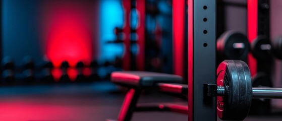  A tight shot of a barbell in a gym, backdrop lit with red and blue lights