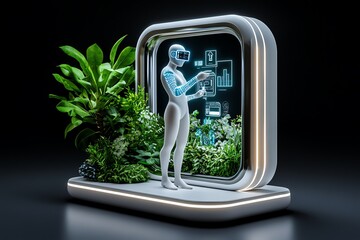 3D model of a person using wearable technology in a fully connected home, with intricate details showing the future of personalized digital trends