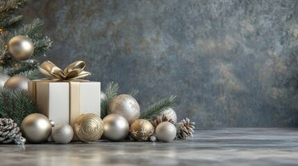 Wall Mural - Silver Christmas background with bokeh. Metallic colors Christmas decorations, Merry Christmas card. Winter holiday theme. Happy New Year.