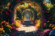 © Vesna - enchanting digital painting of a secret fairytale garden filled with vibrant flowers and lush greenery featuring whimsical arches that invite exploration and wonder