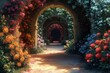 © Vesna - enchanting digital painting of a secret fairytale garden filled with vibrant flowers and lush greenery featuring whimsical arches that invite exploration and wonder