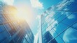 © Adi - Downtown corporate business district architecture. Glass reflective office buildings against blue sky and sun light. Economy, finances, business activity concept