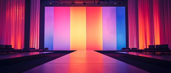 Sleek and modern backdrop design with gradient LED lighting glossy finishes and minimalist aesthetic for high tech fashion display runway show or exhibition event