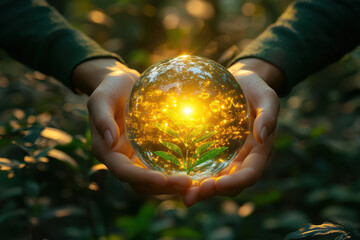 person holds glowing globe with plant inside, symbolizing sustainability and eco friendliness. warm light reflects hope for greener future