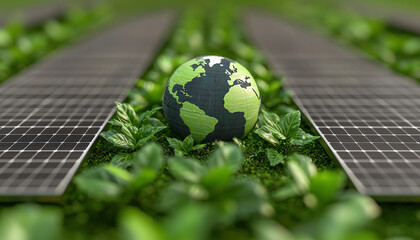 globe surrounded by solar panels and green plants symbolizes renewable energy development and sustainability. This reflects importance of eco friendly practices