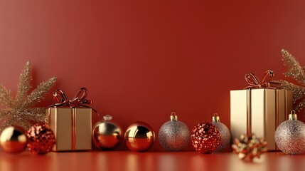 Wall Mural - Christmas background. Metallic colors Christmas decorations, Merry Christmas card, Happy New Year.