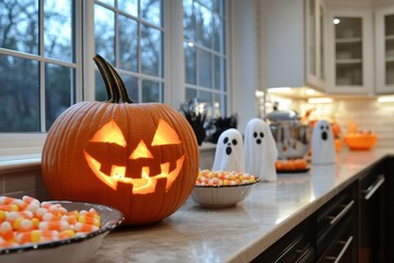 halloween kitchen decor, a huge pumpkin sits on the kitchen counter surrounded by candy corn, mini marshmallows, and spooky decorations in the windows