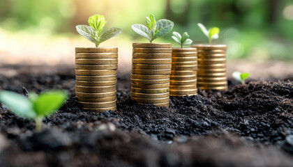 Investing in sustainable growth is symbolized by coins stacked with green plants emerging from soil, representing connection between finance and environmental responsibility