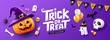 © Sarunyu_foto - Happy Halloween, trick or treat text, pumpkin hat smile, balloons, Ghost holding a balloon, bat flying, banner design on purple background, Eps 10 vector illustration
