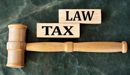 TAX LAW - words on wooden blocks on a green background with a judge's gavel