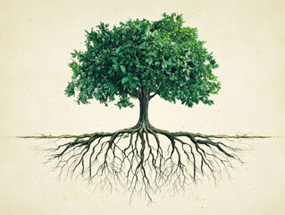 vibrant tree with lush green leaves and intricate roots symbolizes growth and stability. this illust
