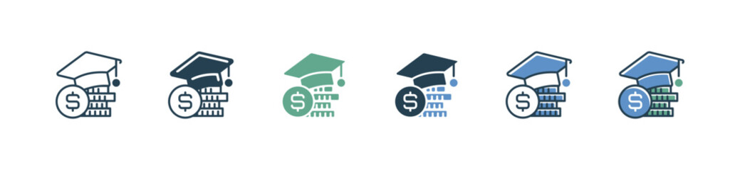 Aufkleber - graduation cap with coin stack icon set university cost scholarship tuition study financial vector illustration