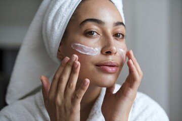 attractive young woman applying face moisturizer cream after shower. skincare routine concept