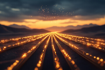 A long, empty road with a beautiful sunset in the background