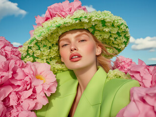 A blonde woman in a large floral hat surrounded by lush pink and green flowers, set against a vibrant sky. A whimsical and fresh take on floral fashion.