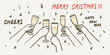 © Katsyarina - Hands hold glasses with white sparkling wine or champagne. Cheers vector illustration for greeting card, postcard, placard, invitation design. Line drawing of people celebrating christmas or new year.