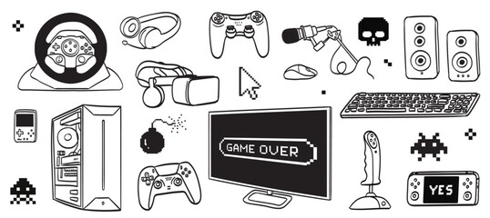 Video games doodle drawing set. Collection of joysticks and controllers. Computer, vr glasses and gadgets. Headphones and mouse, monitor. Cartoon line vector illustrations isolated on white background