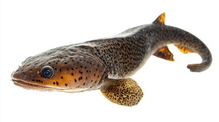 African lungfish displays its distinctive body and features against a stark white backdrop highlighting its adaptability and unique anatomy.