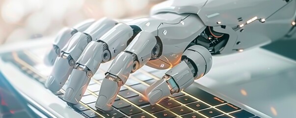 Poster - A robotic hand interacts with a laptop keyboard, showcasing the fusion of human-like capabilities with advanced technology in modern computing.