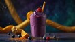 © kucret - A refreshing blueberry smoothie with whipped cream, a cherry, and a straw, garnished with an orange slice, on a table with blueberries, raspberries, orange slices, and cinnamon.