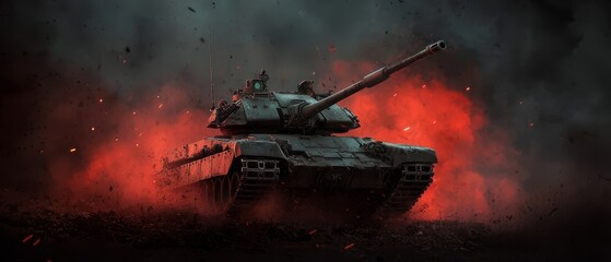 a painting of a tank emitting red smoke from its rear and a red light emerging from the same locatio