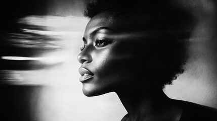 A black and white photo of a woman with an afro.