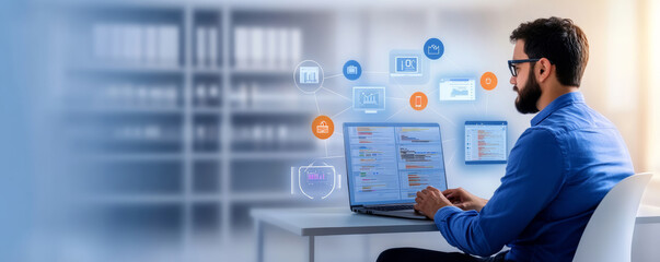 Focused Developer: Man working on laptop, data analysis, software development 