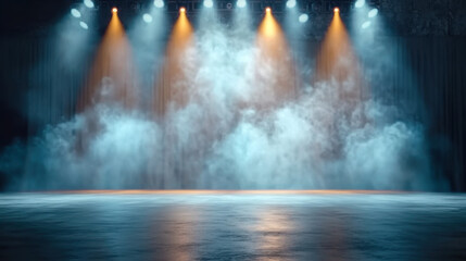 A dramatic stage scene featuring lights and a smoky ambiance, perfect for theatrical