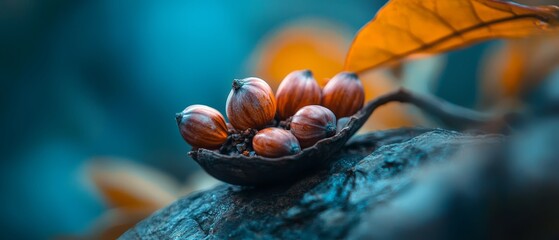  A tight shot of nuts clustered on a tree branch, with a leaf situated opposite in the frame