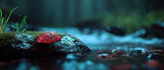  A red ball atop a moss-covered rock by a streaming body of water Grass grows above the rock