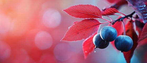  A tight shot of two berries on a tree branch against a backdrop of a red and blue bouquet