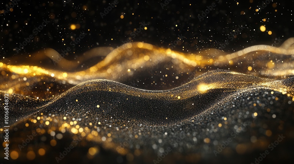 mesmerizing digital wave of golden particles shimmering against a deep ...