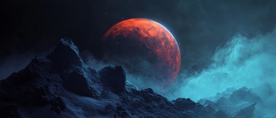 a red planet in the midst of a dark sky, featuring a mountain in the foreground and clouds hovering 
