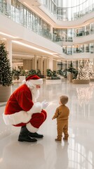 Wall Mural - A cheerful Santa Claus laughs with an excited boy in a bustling mall, decorated with twinkling lights and a Christmas tree, creating a joyful holiday ambiance