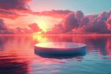 ethereal glass podium floating on crystalclear water surface pastel sunset sky reflection minimalist design subtle ripples serene atmosphere product display concept