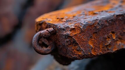  A rusted metal hook rests atop a weathered metal surface