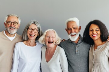 Group of diverse senior friends smiling and looking at camera. Isolated on grey background.