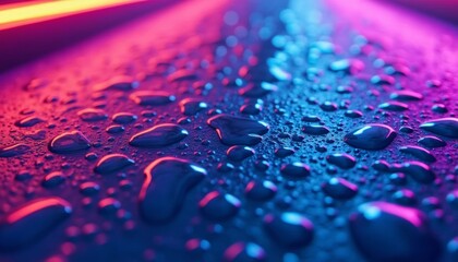 Water droplets on a textured surface with neon pink and blue lighting. Abstract close-up with vibrant reflections and gradients