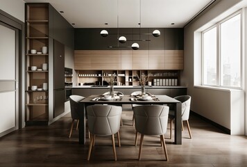 Modern kitchen with a dinner table in a luxurious concept style..