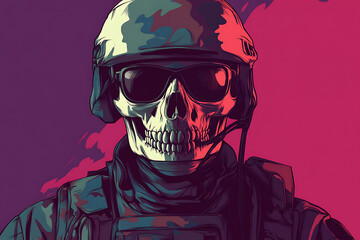 A stylized illustration of a soldier with a skull face, wearing sunglasses and military gear.