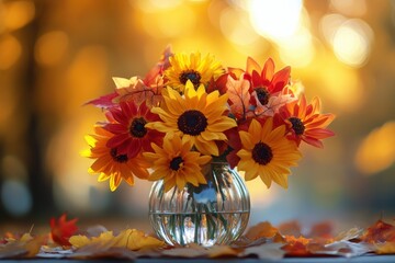 Sunflowers in a Glass Jar with Autumn Leaves and Warm Golden Bokeh Background Image