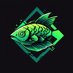 Canvas Print - Green Fish Illustration with Abstract Shape