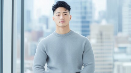 young Asian man in business casual, wearing a fitted sweater and dark slacks, standing in front of a floor to ceiling window with a cityscape view