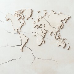 Stylized world map design etched on a textured surface, showcasing global geography with natural imperfections.