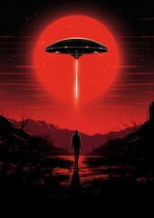 Canvas Print - A ufo in front of the red moon poster sky backlighting.