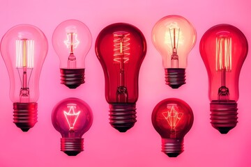 Wall Mural - Lamps icon set, red light bulbs isolated, minimal rendering style lights, creativity idea