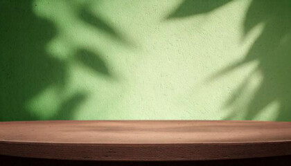 natural wooden podium table with sunlight, tropical banana shadow on a green concrete wall, ideal fo