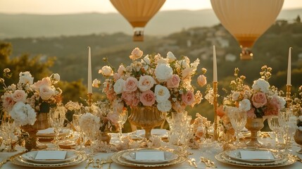 Luxurious Balloon with Floral Elegance and Shimmering Accents   A captivating scene of an outdoor event featuring hot air balloons elegant floral arrangements